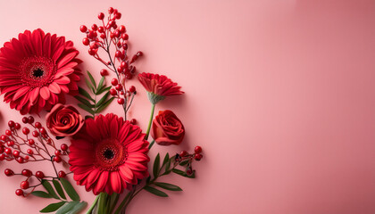 Happy Anniversary Red Gerbera Daisies And Sprigs Of Red Berries On A Pink Background