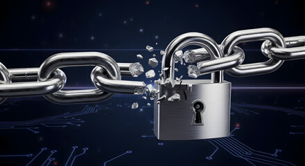 Cracked padlock with broken chain symbolizes data breach and security vulnerability, a modern technology risk for IT industries, cybersecurity, and fintech