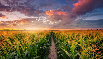 Pathway Through Tall Green Cornfield During Golden Sunset With A Colorful Sky And Soft Clouds