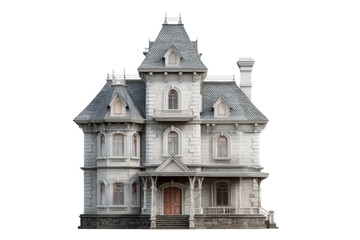Victorian gothic mansion with tower and gabled roof, cut out