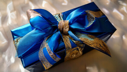 Festively Wrapped Gift With A Blue Bow And Gold Accents Perfect For Special Occasions And Celebrations