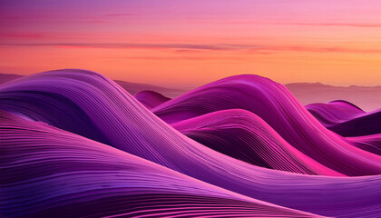 A Vibrant Abstract Landscape With Flowing Waves In Shades Of Pink And Purple At Sunset