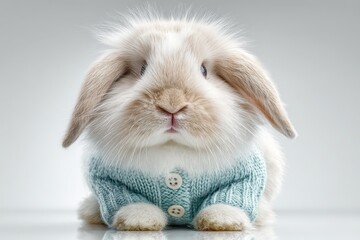Adorable fluffy bunny rabbit portrait wearing a cute blue knit sweater with buttons, sitting in a studio with a white background and soft light.