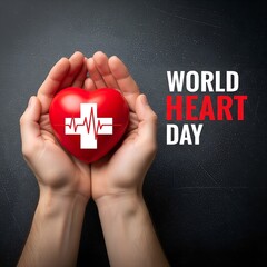 Hands holding a red heart with a white cross symbolizing world heart day awareness