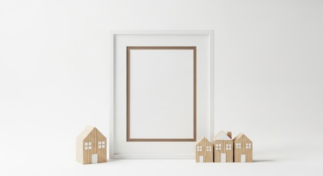 Charming blank frame mockup with miniature wooden houses for real estate marketing or home decor design projects on a clean white background, ready for your message
