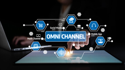 A close-up of a user interacting with a digital omni channel interface, showcasing various...