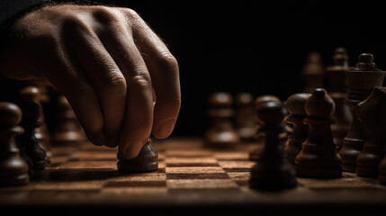 A chess player leans forward in tense silence, hand hovering as they make a decisive move. The dim room holds its breath, pieces frozen mid-battle on the polished board..