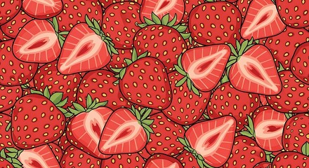 Vibrant seamless pattern of stylized strawberries with fresh cut cross-sections