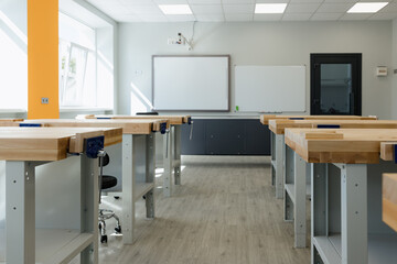Modern workshop space with spacious desks and bright natural light