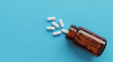 Pills spilling from a modern amber bottle offer relief and hope, perfect for health, pharmaceutical, and wellness campaigns with a clean, vibrant backdrop