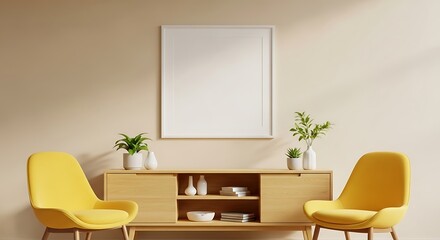 Bright Living Room With Yellow Accent Chairs and Wood Cabinet interior