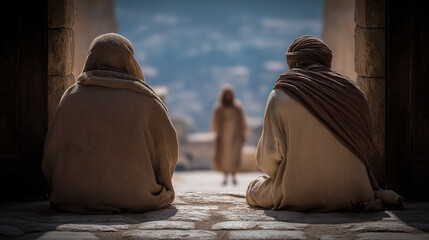 At the city gate in the morning, two blind men sit patiently on the steps, hoping for mercy and aid, while early sunlight casts long shadows on bustling streets around them..