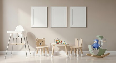 Children's room with furniture and toys on a light wall baby chair