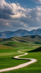 A winding dirt road snakes through verdant hills under a dramatic sky filled with fluffy clouds, showcasing a serene and peaceful rural landscape.