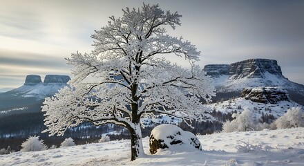 Winter landscape with snow covered tree and mountains in the background