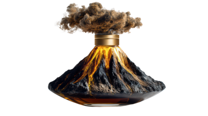 Perfume bottle shaped like a volcano with smoke coming out