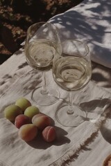 Two glasses of white wine and a handful of fresh plums rest on a linen-covered table outdoors, bathed in soft shadows &mdash; an ode to slow summer moments.