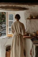 A woman stands in a rustic kitchen bathed in soft natural light, wearing a linen dress and facing a window with fresh pies on the counter. The scene evokes a sense of quiet domesticity and timeless.