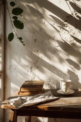 A cup of coffee and vintage books resting on a rustic wooden table, lit by morning sunlight casting plant shadows on a textured wall. A perfect still life moment evoking calm and slow living.