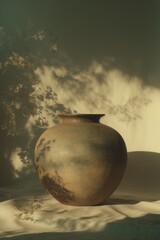 Still life with large ceramic vase in soft golden light and leaf shadows on fabric backdrop. The timeless scene captures earthy textures and a meditative, slow living aesthetic.