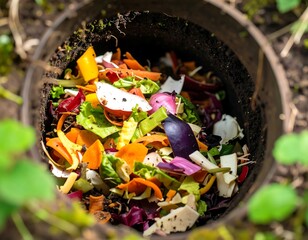 Colorful compost bin filled with various food scraps