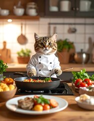 Cat chef cooking in a kitchen