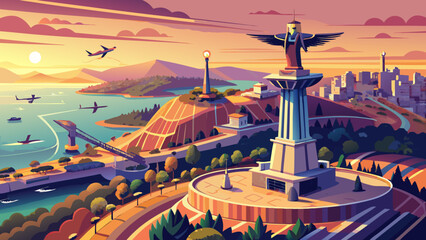 Aeria view monument Sanctuary of Christ the King. Drone flyby past near giant sculpture overlooking city of Lisbon Almada and famous 25th april bridge over river Tagus at sunset