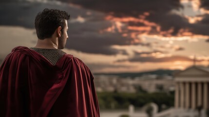 At twilight, David stands alone on the palace rooftop, gazing toward the horizon, enveloped in quiet reflection, solitude, and the weight of kingship.