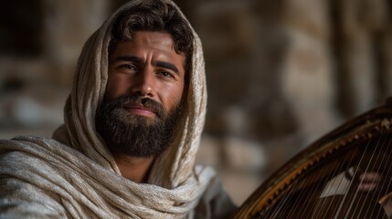 David plays the harp before King Saul by candlelight, filling the room with music that soothes, inspires, and conveys devotion, skill, and heartfelt artistry.