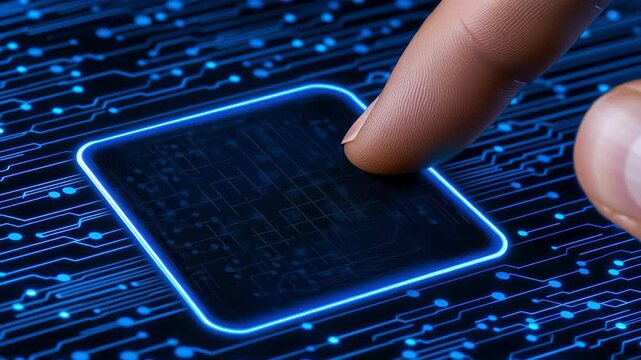 Microchip circuit board blue glow technology fingertip touch neon digital electronics spark of innovation, touch sensor fingerprint biometric