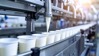 Dairy product production line.  Conveyor belt filling cups