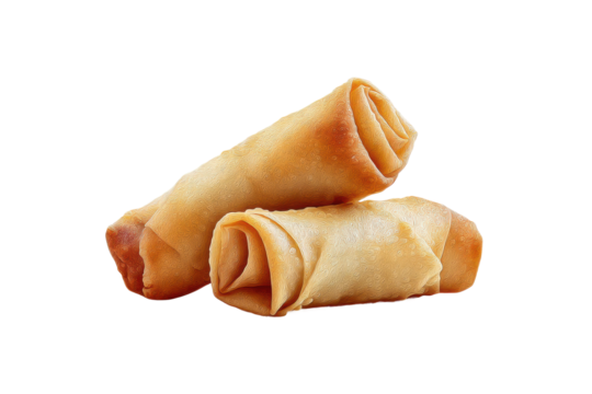 Golden crispy spring rolls against black background, cut out