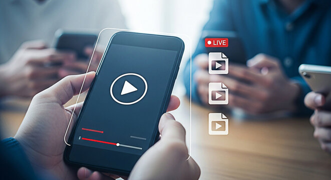 Person holding smartphone with video player interface and live streaming icons for social media broadcasting and online content consumption concept