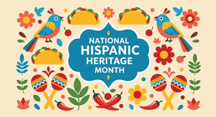 Colorful vector illustration of National Hispanic Heritage Month celebration with festive maracas, tacos, chili peppers, flowers, and birds, symbolizing culture, tradition, and community pride