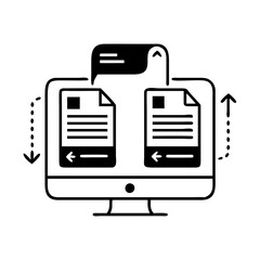 Vector art of data synchronization icon computer screen showing file transfer process between devices