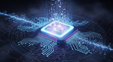 Futuristic glowing CPU chip processing complex data on an electronic circuit board with light streams.