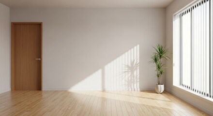 Obraz premium Empty Room with Wooden Door and Plant Sunlight Casting Shadows interior