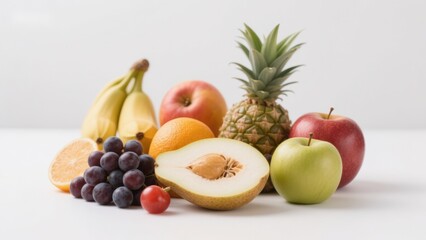 Assorted fresh fruits including bananas, apples, grapes, pineapple, orange, and melon on a white surface