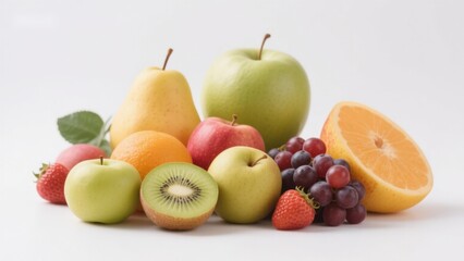 Assorted fresh fruits including apples, pears, oranges, kiwi, grapes, and strawberries arranged on a white background
