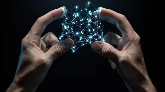 Human Hands Sculpting a Floating 3D Data Structure - Looping Animation