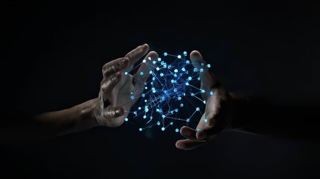 Human Hands Sculpting a Floating 3D Data Structure - Looping Animation