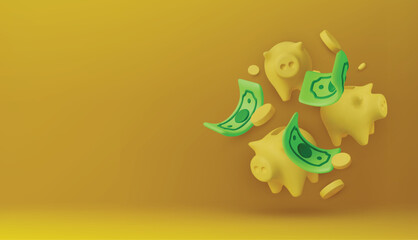 Money Piggy bank creative business concept. Realistic 3d design. Pink pig keeps gold coins. Safe finance investment. Financial services. Landing page template mockup for website. Vector illustration