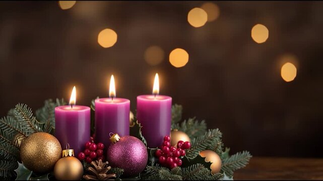 Three lit purple candles surrounded by festive decorations, creating a warm and cozy atmosphere for the holiday season.