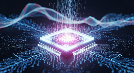 A glowing futuristic microprocessor on a circuit board, processing data with abstract light waves and energy.