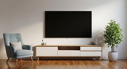 Living room with armchair, large TV, and wooden media console television