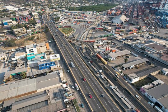 aerial view of the port of manzanillo, entrance to the port of manzanillo, trucks waiting to be loaded. Manzanillo, Colima, Mexico, March 29, 2024.