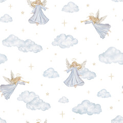 Seamless pattern with Christmas or Christian Nativity angel for religious baptism. Hand drawn illustration repeat ornament for design and beige birds among the blue clouds moon and stars.