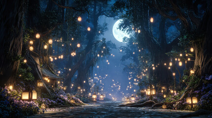 Enchanting Moonlit Forest Path Lanterns and Flowers