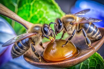 Naklejka premium Close Up of Two Honey Bees Drinking Honey from Spoon