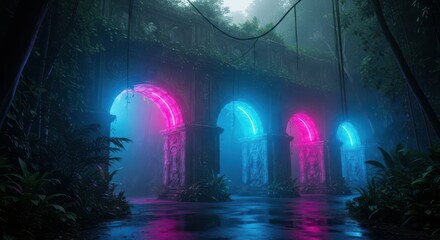 Enchanting Rainforest Arches Illuminated by Neon Glow